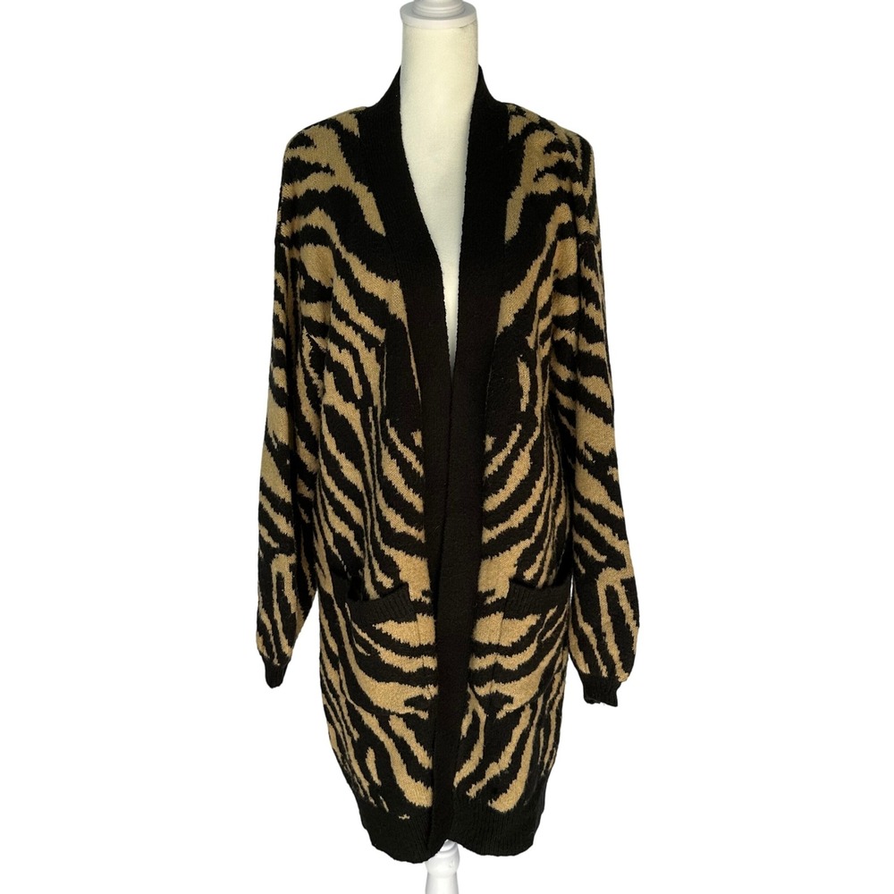 HYFVE Zebra Print Open Front Knit Cardigan Sweater Women's Medium Animal